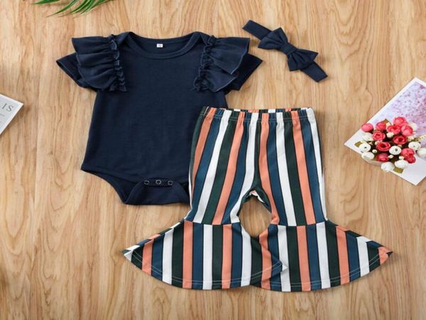 Sommer Kurzarm Blau Rüschen Body Gestreiften Ausgestelltes Hosen Outfit 3PCS Kleinkind Infant Neugeborene Kinder Baby Mädchen Kleidung Set2736321