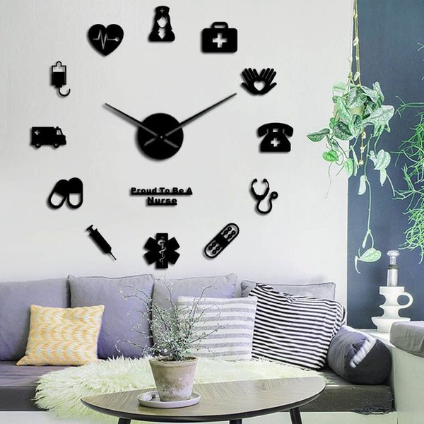 Orgoglioso di essere un'infermiera 3D fai da te effetto specchio muto orologio da parete farmacia ospedale decorazione della parete di arte orologio orologio regalo per il medico infermiere Y20247J