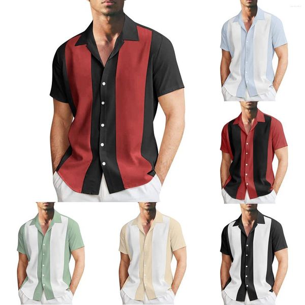 Camisas casuais masculinas moda e lazer cor combinando lapela botão meia manga camisa t curto street wear blusa tops vintage geométrico