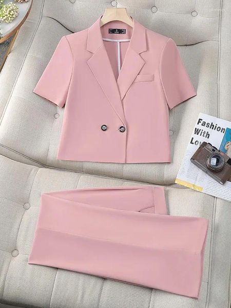 Calças femininas de duas peças estilo coreano elegante mulheres ternos escritório formal wear 2024 moda manga curta blazers chique casual streetwear