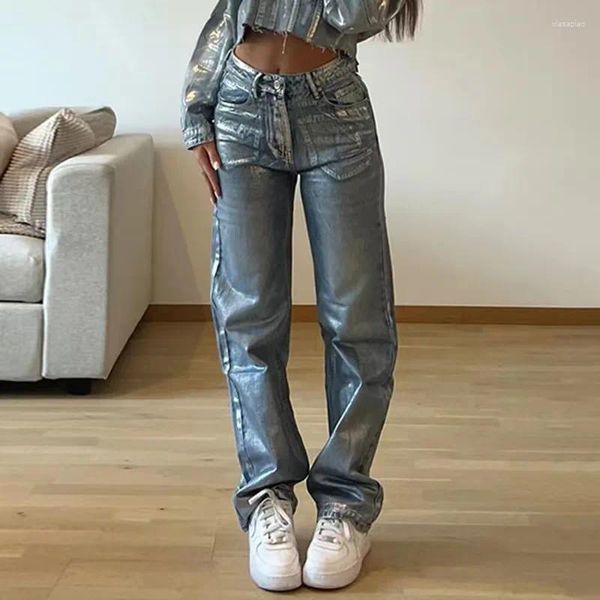 Jeans femininos y2k vintage brilhante denim mulheres cintura alta brilhante preto baggy calças casuais streetwear solto azul calças estéticas