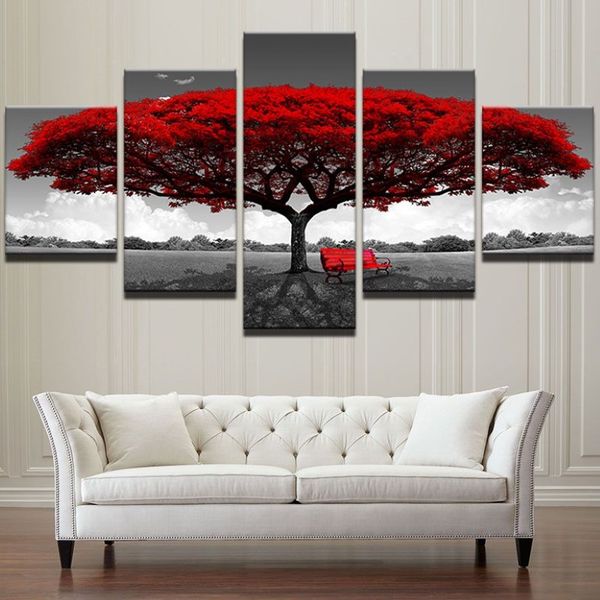 Lona modular hd imprime cartazes decoração de casa arte da parede fotos 5 peças arte da árvore vermelha cenário pinturas de paisagem sem moldura326m