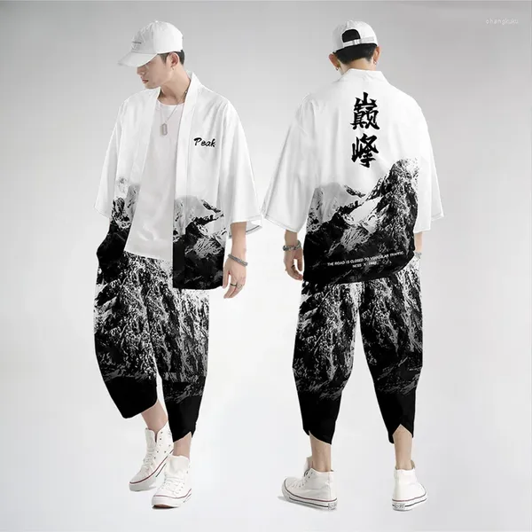 Etnik Giyim Japon Geleneksel Kimono Pantolon Erkekler Haori 2 Parça Takım Retro Yukata Asya Moda Harajuku Hanfu Ceket 2024