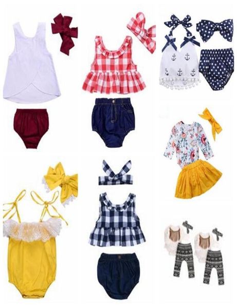 Baby Kleidung Mädchen Grid Quaste Anzüge Kinder Polka Dot Floral Kleidung Sets Mode Boutique T-shirt Strampler Windel Hosen Stirnband ou2028009