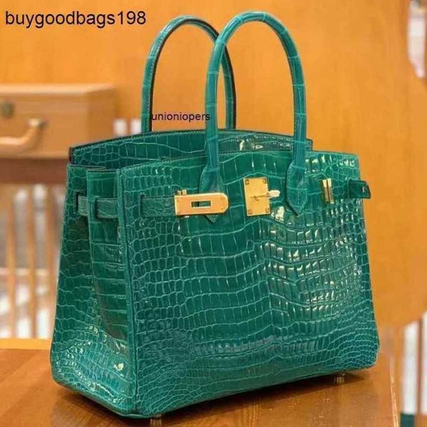 Bolsas de desenhista Mulheres Bolsas Tote Bag Todas as Mãos Costuradas Mulheres Luxo Couro Alto Brilho Bay Crocodilo 30 Invertido V Bloqueio Esmeralda Verde Grande EYWC