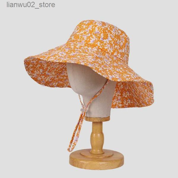 Chapéus de aba larga Bucket Chapéus OMEA Primavera Floral Balde Chapéu Verão Amarelo Chapéu de Sol Mulheres Preto Aba Larga Floppy Chapéu Ajustável Moda Pescador Chapéu Viagem Q240312