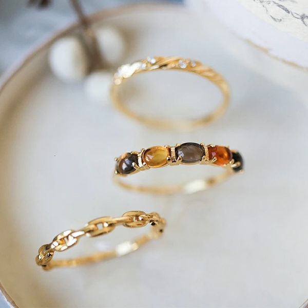 LAMOON Natürlicher Citrin Ring für Frauen 925 Sterling Silber Kettenringe Sets K vergoldet Luxus Trendy Hochzeitsschmuck RI042 240227