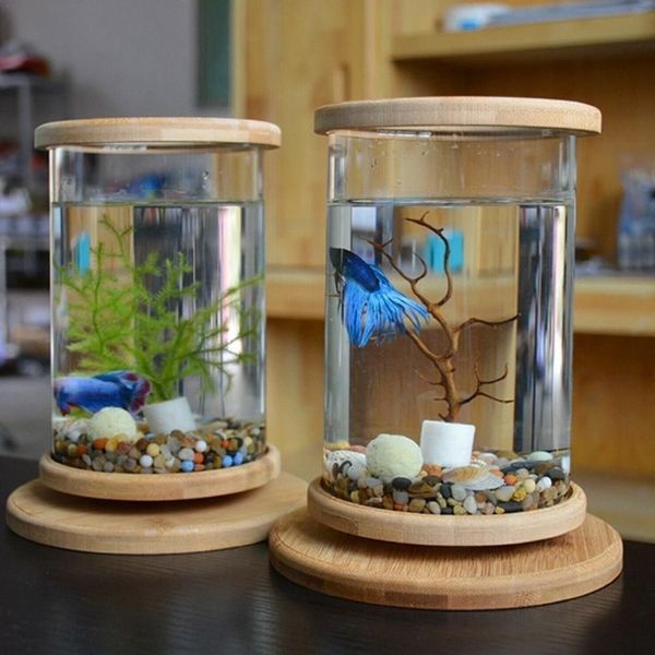 1 pz mini vetro base in bambù serbatoio ruota decorazione ciotola per pesci bottiglia ecologica accessori per acquario220F