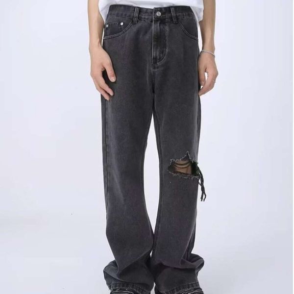 Повседневные брюки, летние рваные расклешенные джинсы High Street для мужчин, модные свободные прямые драпированные широкие брюки в стиле Instagram, тонкие повседневные брюки