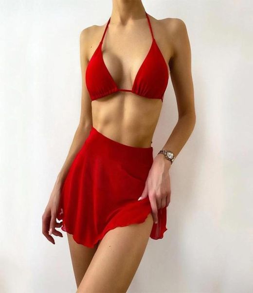 Women039s roupa de banho 2021 sexy saia sólida mulher triângulo micro bikini conjunto cintura alta maiô corda natação maiô vermelho s6575036