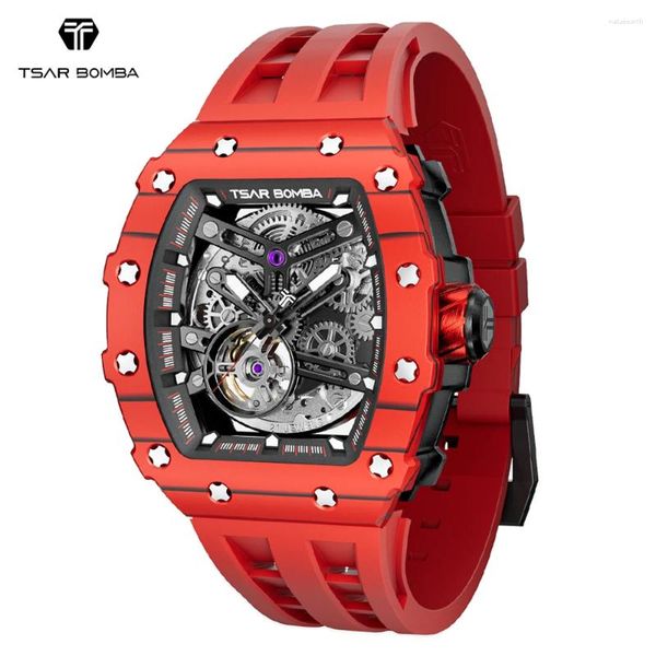 Armbanduhren TSAR BOMBA Automatische Uhr Für Männer Carbon Faser Lünette Skeleton Mechanische Uhren Luxus Uhr Wasserdichte Herren Armbanduhr