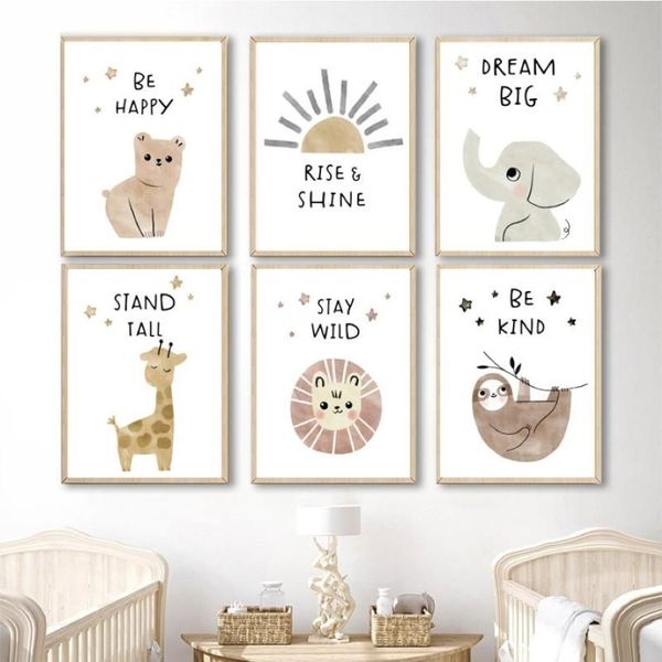 Gemälde Elefant Bär Giraffe Fauler Löwe Sonne Boho Wandkunst Leinwand Malerei Nordic Poster und Drucke Bilder Kinder Baby Zimmer Deco334S