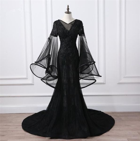 2019 preto organza sereia vestido de noite mangas compridas contas franzido vestido de festa glamoroso dubai moda varredura trem com decote em v baile de formatura dre9498544