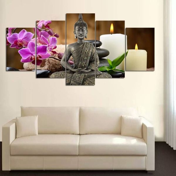 Tela hd imprime fotos decoração de casa 5 peças buda zen pinturas traça orquídea vela cartazes para sala de estar arte de parede sem moldura301q