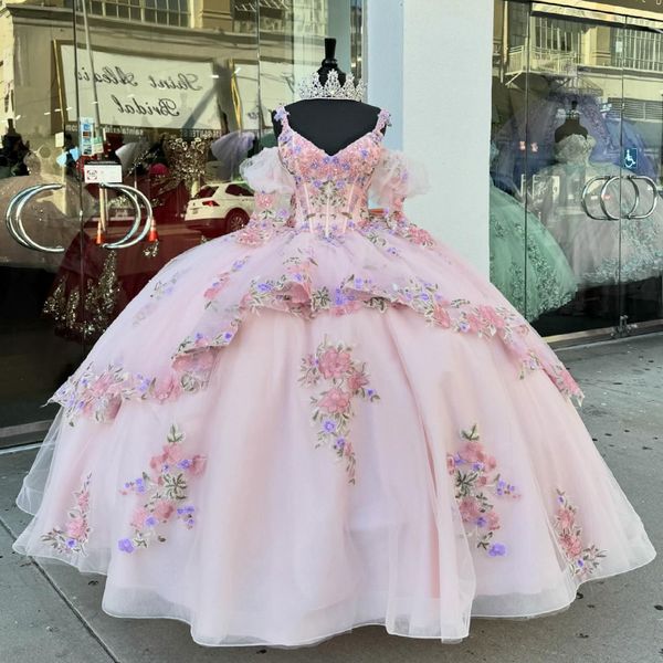 Розовые платья Quinceanera для 16 лет, 2024 г., бальное платье, сексуальное вечернее платье с v-образным вырезом и открытыми плечами, пышными рукавами для девочек, Vestidos De 15 Anos