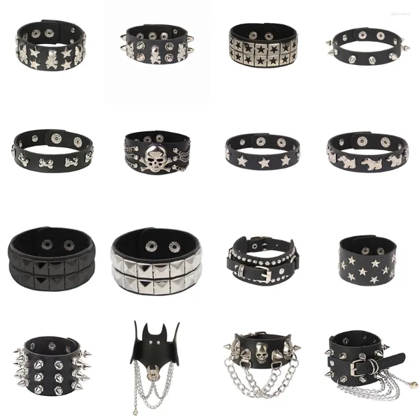 Link Armbänder Vintage Snap Punk Rock Wrap Black PU Leder Armband Star Stern Schädel Knochen gotische Breite Manschette für Frauen Schmuck