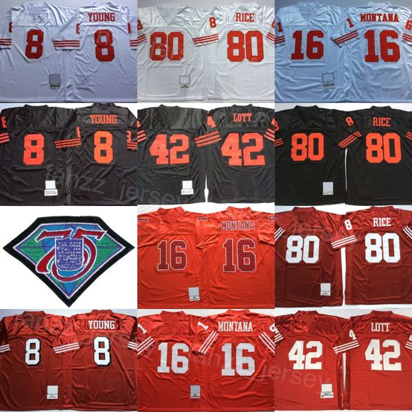 Retro Football 16 Joe Montana Jersey 1989 1994 Vintage 42 Ronnie Lott 80 Jerry Rice 8 Steve Young Tutto cucito Rosso Nero Bianco Colore 75 ° anniversario per gli appassionati di sport