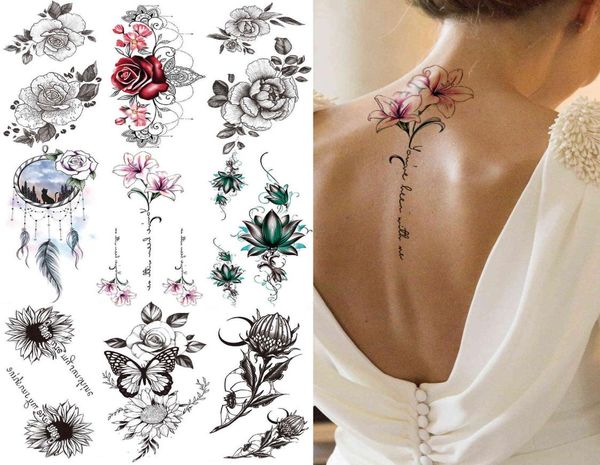 Lily chains flor tatuagens temporárias para mulheres menina borboleta preta sonho apanhador tatuagem adesivo falso rosa sexy tatoos volta corpo y3057372