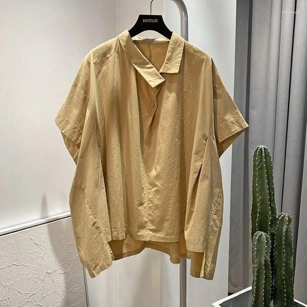 Женские блузки 2024, летние винтажные асимметричные рубашки больших размеров, женские пуловеры с диагональным воротником и короткими рукавами на пуговицах, модные универсальные топы