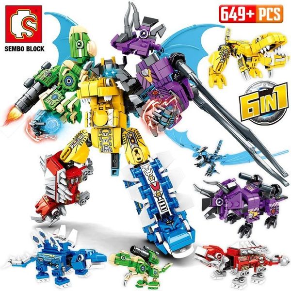 NEUE SEMBO 6in1 Transformation Dinosaurier Roboter Baustein Stadt Jurassic Welten Pterosaur Technik Mech Bricks DIY Spielzeug Für Jungen C2581