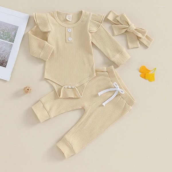 Conjuntos de roupas infantis bebê menina outono roupa cor sólida com nervuras manga longa macacão calças arco bandana 3pcs conjunto