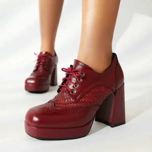 Scarpe eleganti Marrone Vino Colore rosso Décolleté da donna maturi Punta squadrata Tacchi alti grossi Donna Oxford Taglia grande 10.5 43 Piattaforma con lacci Donna