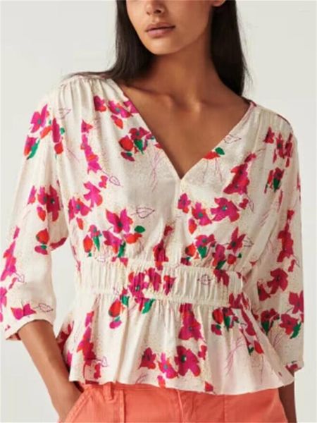 Blusas femininas floral impresso com decote em v blusa 2024 verão moda senhoras manga longa cintura elástica babados guarnição elegante camisa feminina