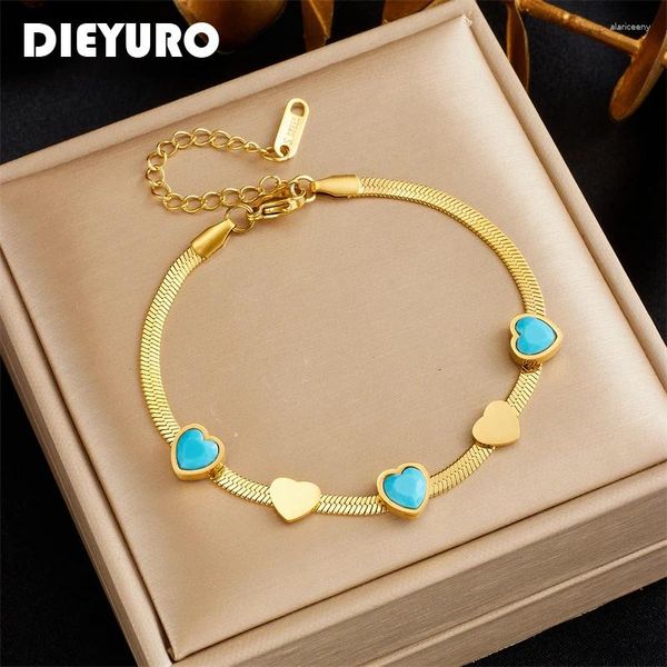 Braccialetti con ciondoli DIEYURO Acciaio inossidabile 316L Cuore Bracciale in pietra blu per le donne Ragazza Moda Braccialetti Gioielli da polso Lady Party Holiday Gift