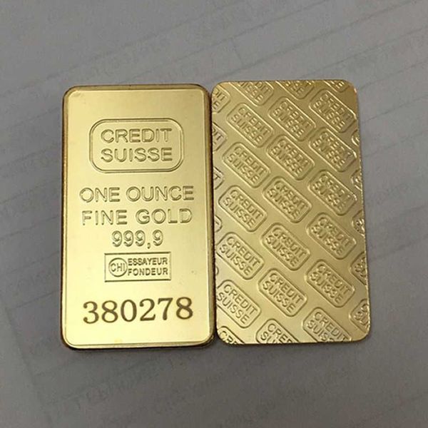 10 Stück nicht magnetische Barren 1 Unze vergoldeter Goldbarren Schweizer Souvenirmünze Geschenk 50 x 28 mm mit unterschiedlicher Seriennummer 225u