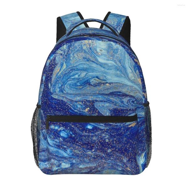 Rucksack, abstrakter blauer Marmor mit goldenen Pailletten, für Damen und Herren, große Kapazität, Outdoor-Reisetasche, lässig