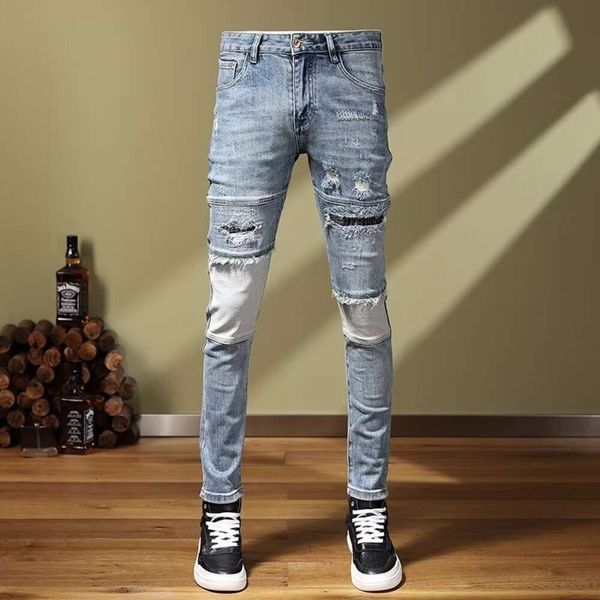 Primavera outono hip hop qualidade apertado e perfurado calças de pés pequenos novo emblema masculino fino ajuste jeans marca na moda