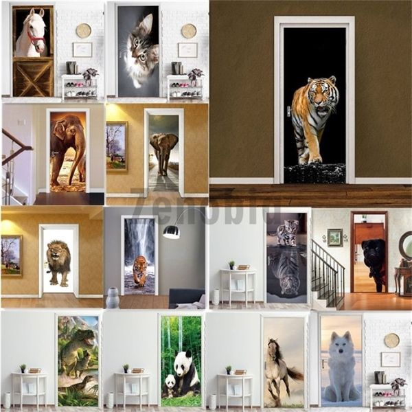 Hayvan PVC Duvar Kağıdı Kendi Kendinden Yapışkan 3D Kapı Sticker Tiger At Fil Panda Mural Çıkarılabilir Ev Dekor Dekal Diy Deur Sticker 21267f