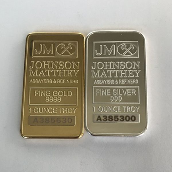 4 pezzi Non magnetici Altre arti e mestieri America JM Moneta Johnson Matthey 50 x 28 mm Barra di decorazione di lingotti placcati oro argento con237i