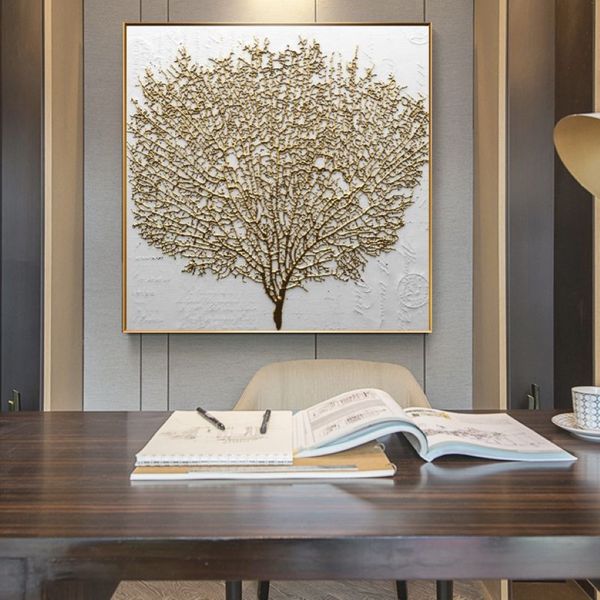 Estilo nórdico dourado rico árvore imagem luz pintura a óleo em tela cartazes e impressões quadros arte da parede fotos para sala de estar280q
