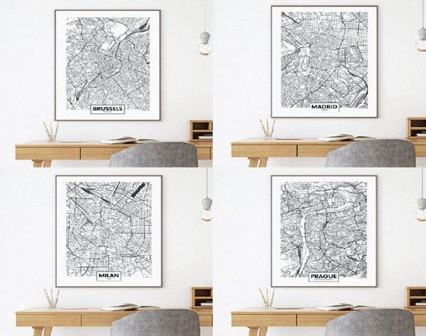 Europa Paesi Città Madrid Milano Praga Mappa Poster e stampe Cardiff Bruxelles Street Road Map Art Canvas Painting Home Decor F1635975