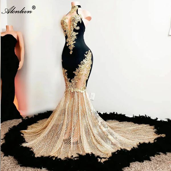 Bling halter colarinho sem mangas fromal vestidos de baile sheer neck luxo pérolas bordado rendas babados vestidos sereia senhoras vestidos de festa de baile