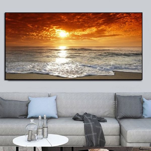 Moderno di grandi dimensioni Paesaggio Poster Wall Art Tela Pittura Sunset Beach Immagine per soggiorno Camera da letto Decorazione241y