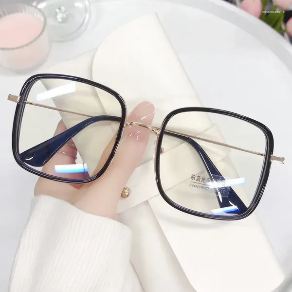 Güneş Gözlüğü Kadın Büyük Kare Anti-Blue Hafif Gözlükler Şeffaf Okuma Çerçevesi Bilgisayar Gözlükler Düz Ayna Metal Pembe
