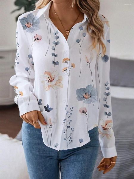 Blusas femininas camisa blusa floral branco amarelo rosa botão de impressão manga longa casual férias moda colarinho ajuste primavera outono