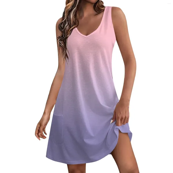 Sıradan Elbiseler Kadın Sundress Cepleri Yaz Boho Plajı Elbise Gradient Çiçek Bozları Kadınlar için T-Shirts V Boyun Gevşek