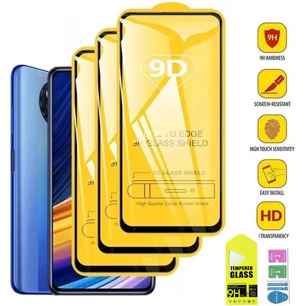 9D gehärtetes Glas für Mi Poco X3 Pro F3 M3 M4 F5 Displayschutzfolien für Xiaomi Redmi Note 11 10 9 8 7 Pro 9T 9s 10s 9A 9C Glas