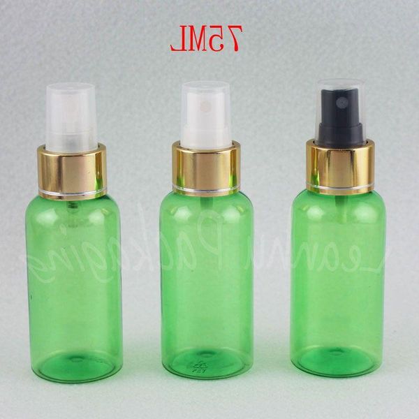 Altın sprey pompalı 75ml yeşil plastik şişe, 75cc makyaj suyu / toner alt şişirme, boş kozmetik konteyner IUFWI