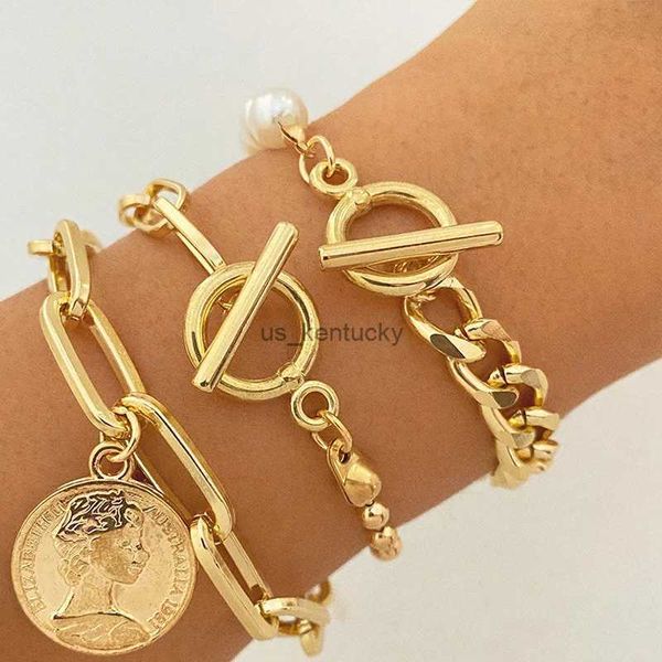 Armreif Boho Mode Armbänder Für Frauen Neue Vintage Geometrische Perle Menschlicher Kopf Münze Anhänger Gold Farbe Schmuck Geschenk Für Weibliche B029