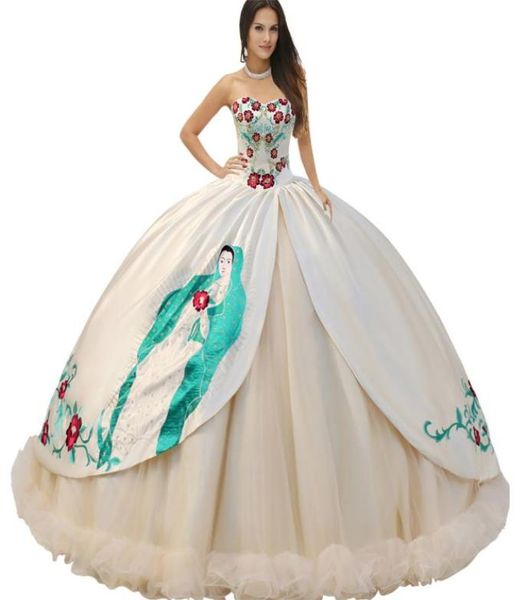 Boncuklu Bask Korse Virgen de Guadalupe Quinceanera Elbise Vestidos Dini Bölünmüş Satin Kaplamalı İşlemeli Ruche8092031