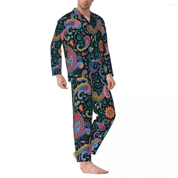 Pigiama da uomo con stampa paisley retrò Pigiama da uomo colorato floreale caldo sonno autunnale 2 pezzi casual modello oversize