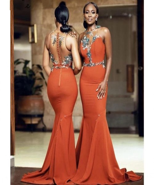 Gebrannte orangefarbene Meerjungfrau-Brautjungfernkleider ASO EBI African Sexy Sheer Back Applikationen Perlen mit Knopf bedeckter Rücken Trompete Long Maid4296702