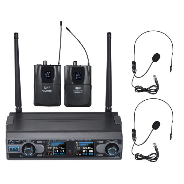 Microfones Baomic D332 Profissional Dual Channel UHF Digital Wireless Headset Sistema de microfone 2 microfones 1 receptor Cabo de áudio de 6,35 mm