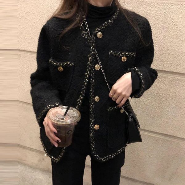 Cappotto coreano in tweed di lana Donna Nero Autunno Inverno Manica lunga Giacca corta Office Lady Bottone classico Kawaii Vintage Outwear S-XL 240301