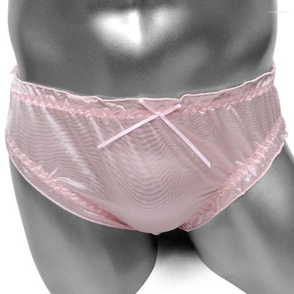 Cuecas homens nylon seda sissy breve calcinha softy ver através de babados sexy lingeire para roupa interior masculina cuecas