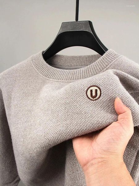 Мужские свитера, модный брендовый свитер с вышивкой букв, зима 2024, модный повседневный двусторонний плюшевый утолщенный пуловер с круглым вырезом